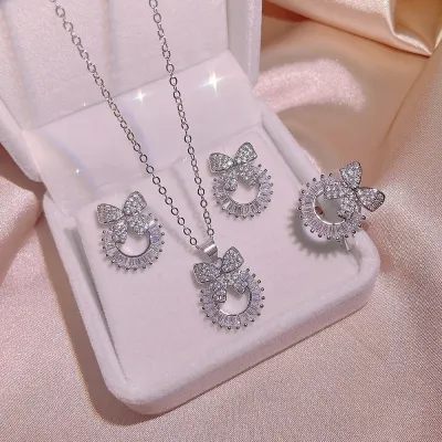 Elegant And Sweet Bow Knot Diamond Earring Necklace Ring Set